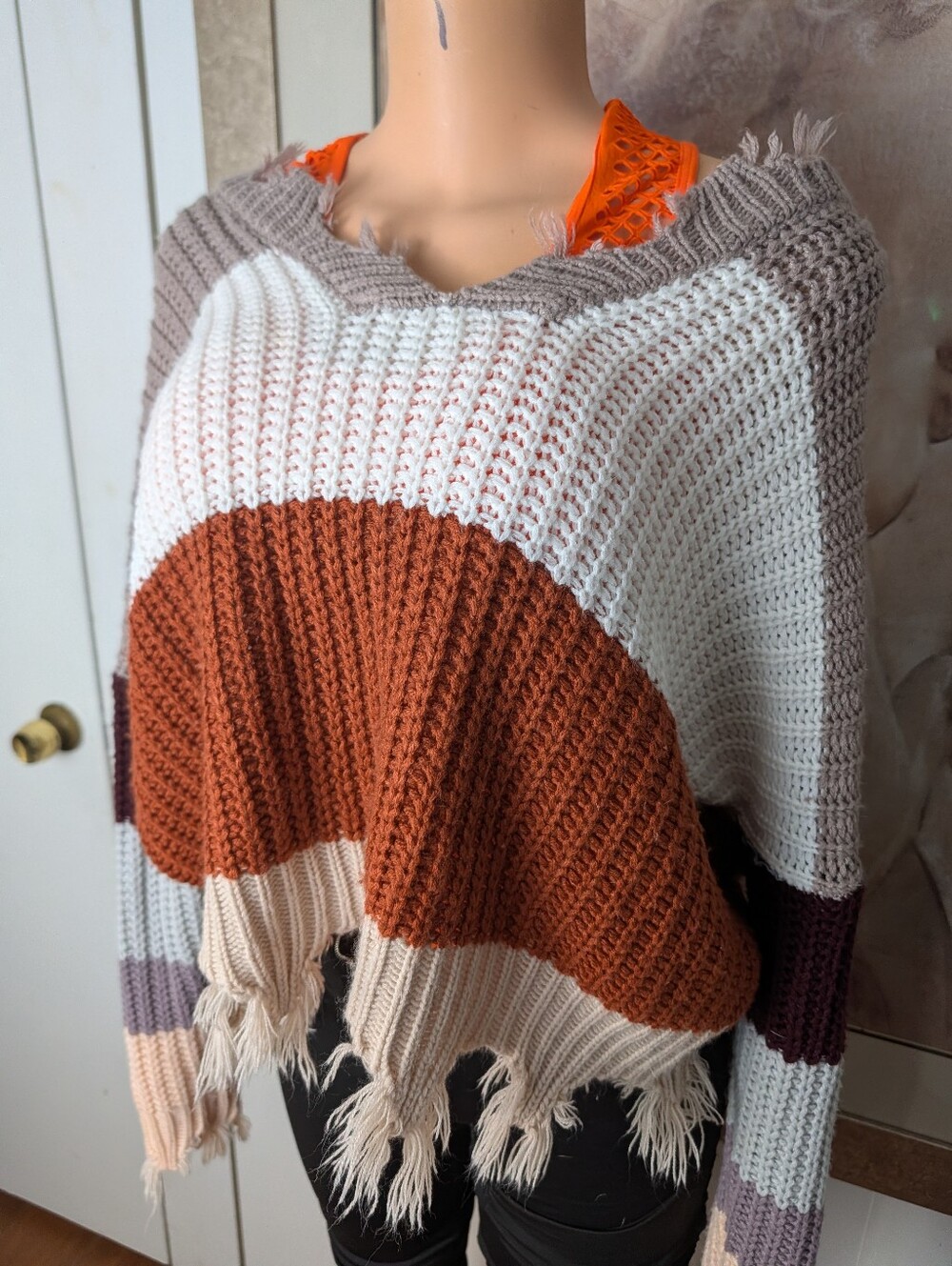 Miracle USA distressed colorblock sweater Rust, Cream & Taupe Size S/M